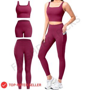 Three Piece Workout Set High Waisted Leggings Bike Shorts Sports Bra Tummy
